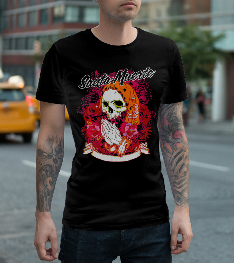 Santa Muerte Mexican Day Of The Dead Praying Skull With Flowers T-Shirt