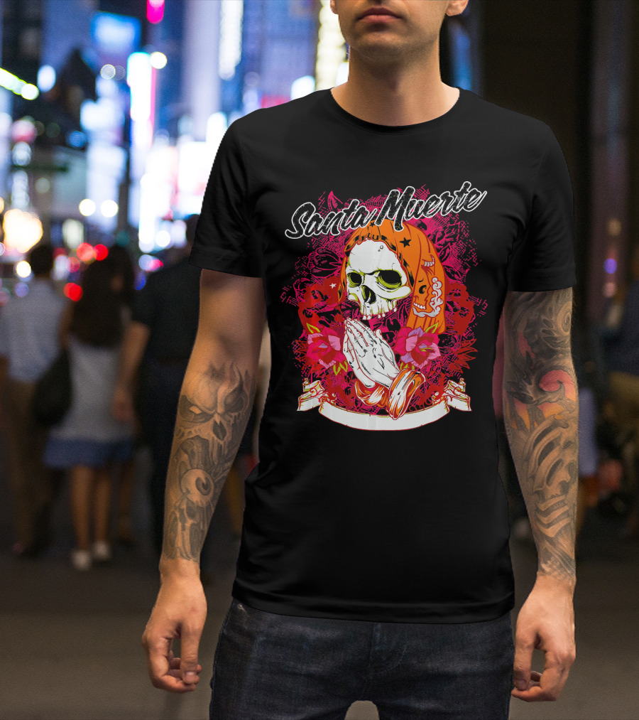 Santa Muerte Mexican Day Of The Dead Praying Skull With Flowers T-Shirt