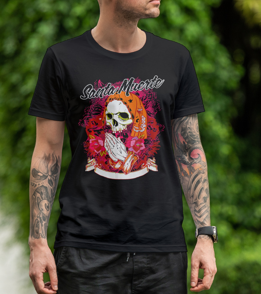 Santa Muerte Mexican Day Of The Dead Praying Skull With Flowers T-Shirt