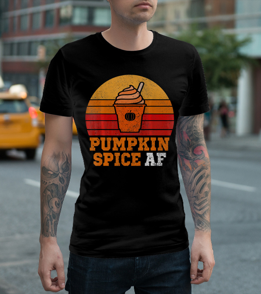 Pumpkin Spice AF Funny Men Husband Pumpkin Cup Retro Stripes T-Shirt