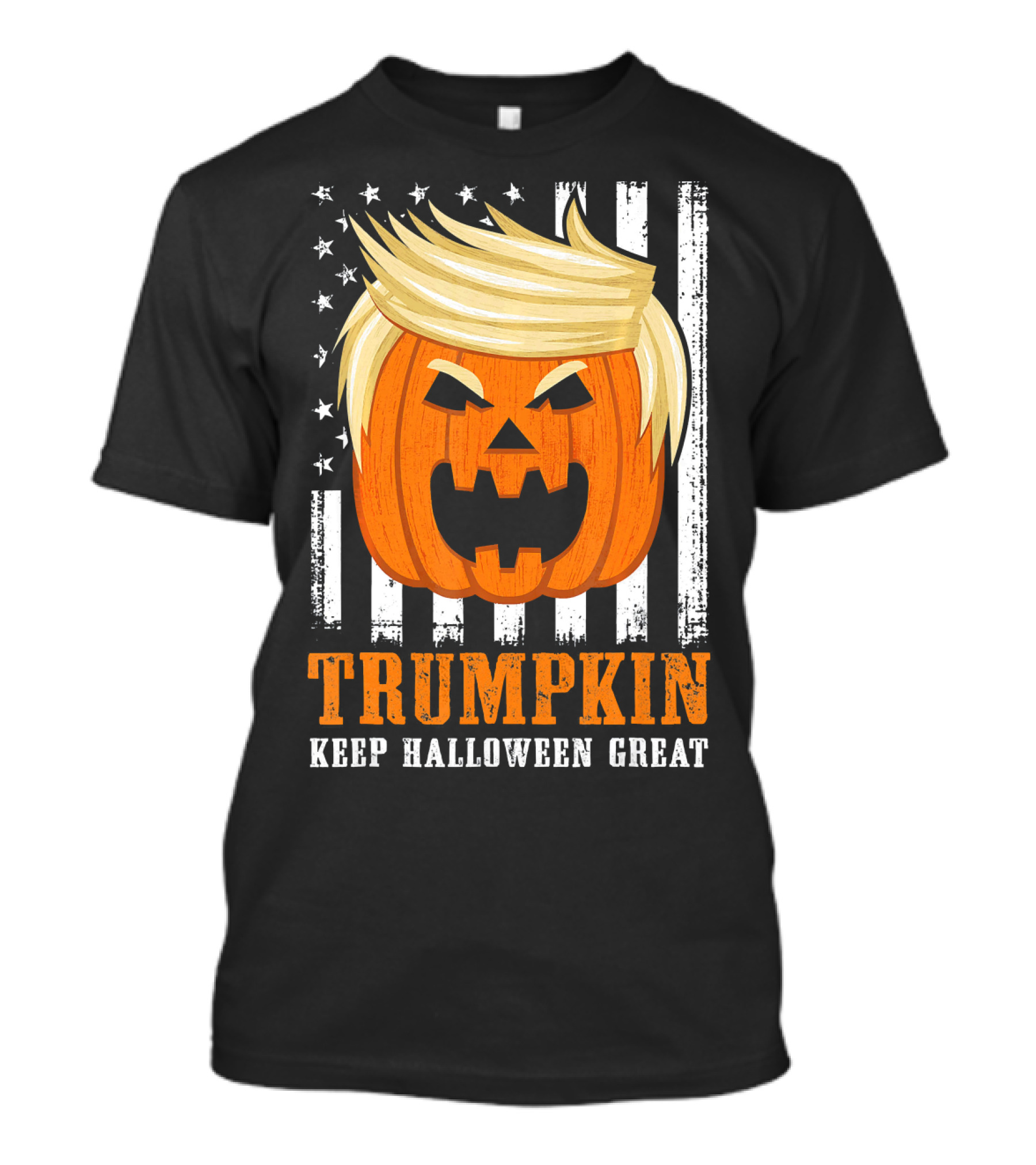 USA Trumpkin Keep Halloween Great Pumpkin With Hair And Flag Background T-Shirt