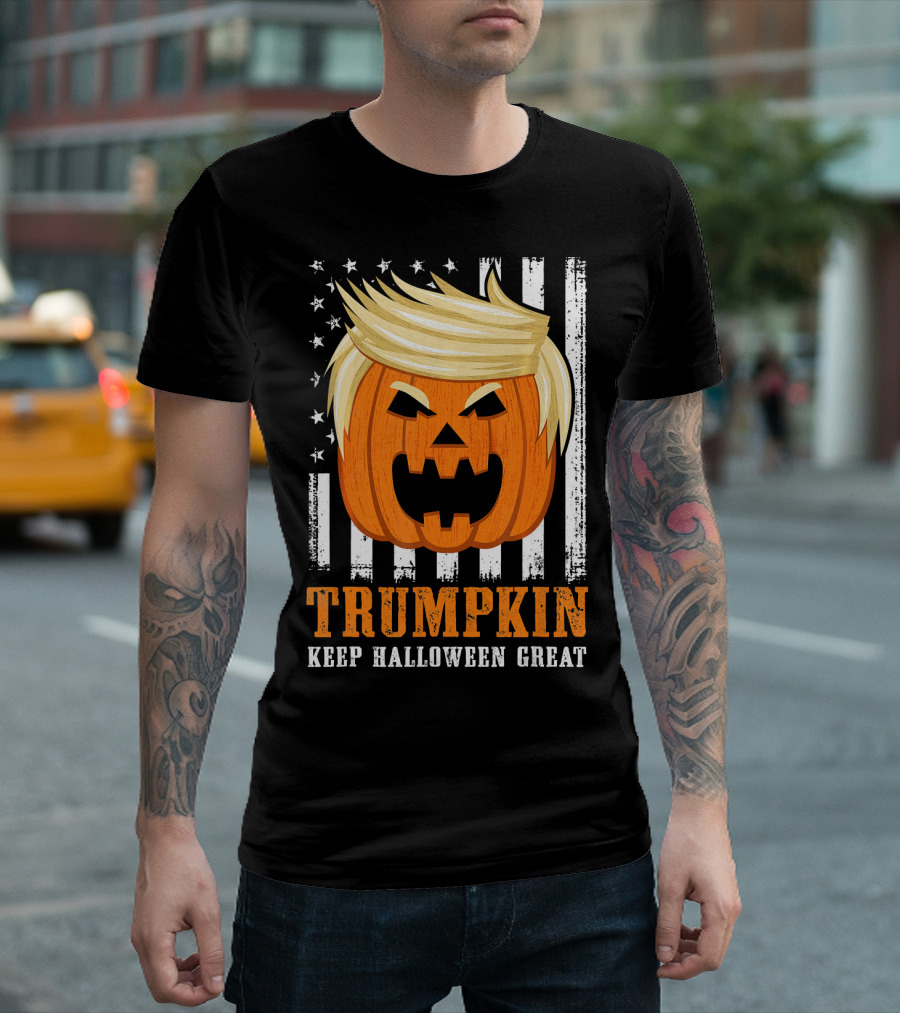 USA Trumpkin Keep Halloween Great Pumpkin With Hair And Flag Background T-Shirt