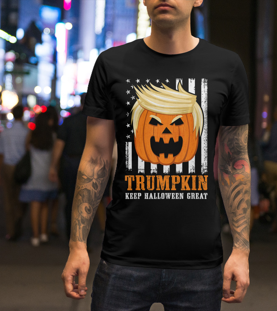 USA Trumpkin Keep Halloween Great Pumpkin With Hair And Flag Background T-Shirt