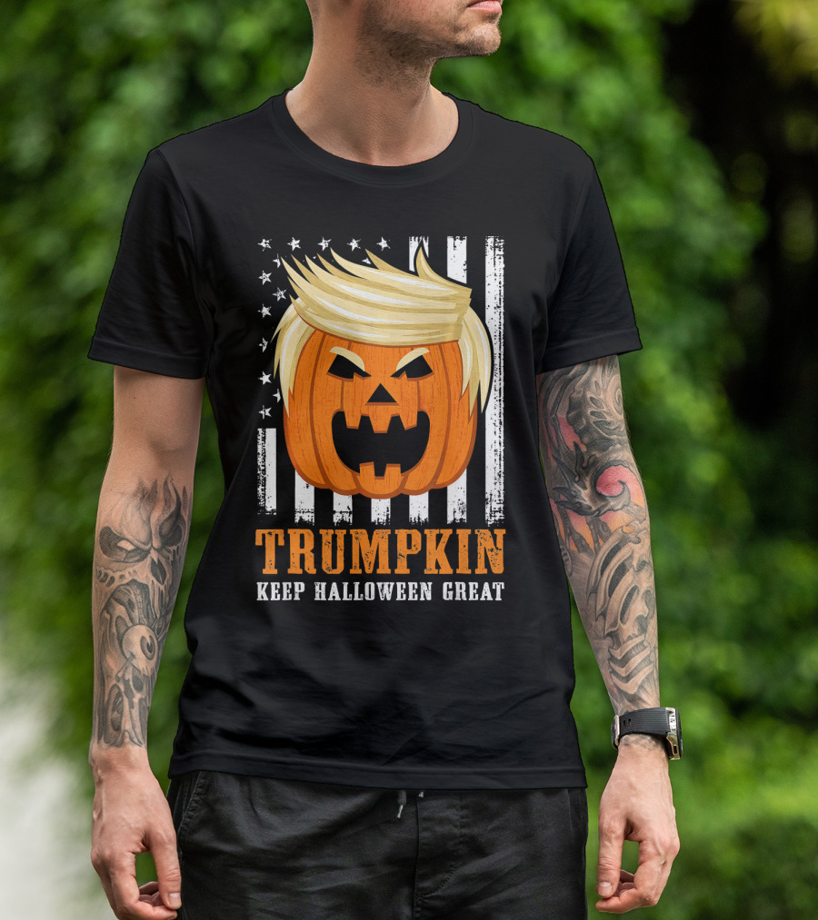 USA Trumpkin Keep Halloween Great Pumpkin With Hair And Flag Background T-Shirt