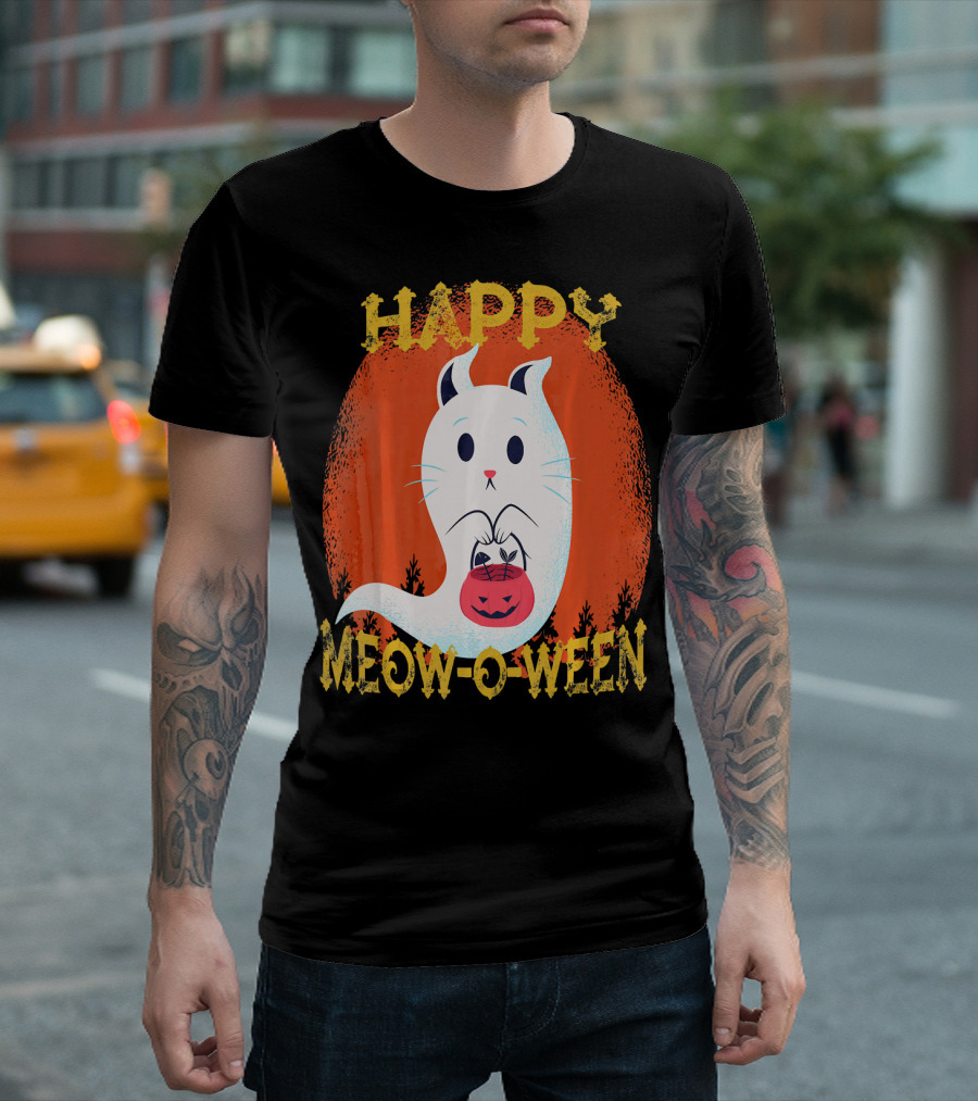 Happy Meow O Ween Cat Ghost With Pumpkin Bag T-Shirt