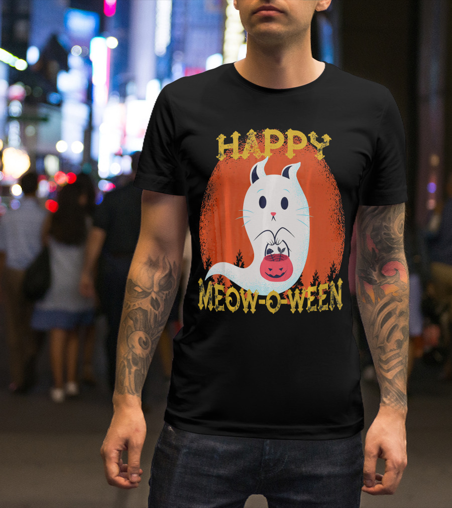 Happy Meow O Ween Cat Ghost With Pumpkin Bag T-Shirt