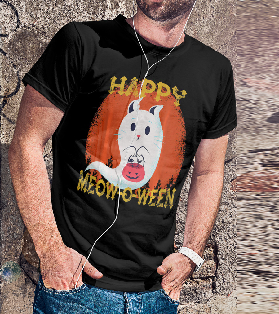 Happy Meow O Ween Cat Ghost With Pumpkin Bag T-Shirt