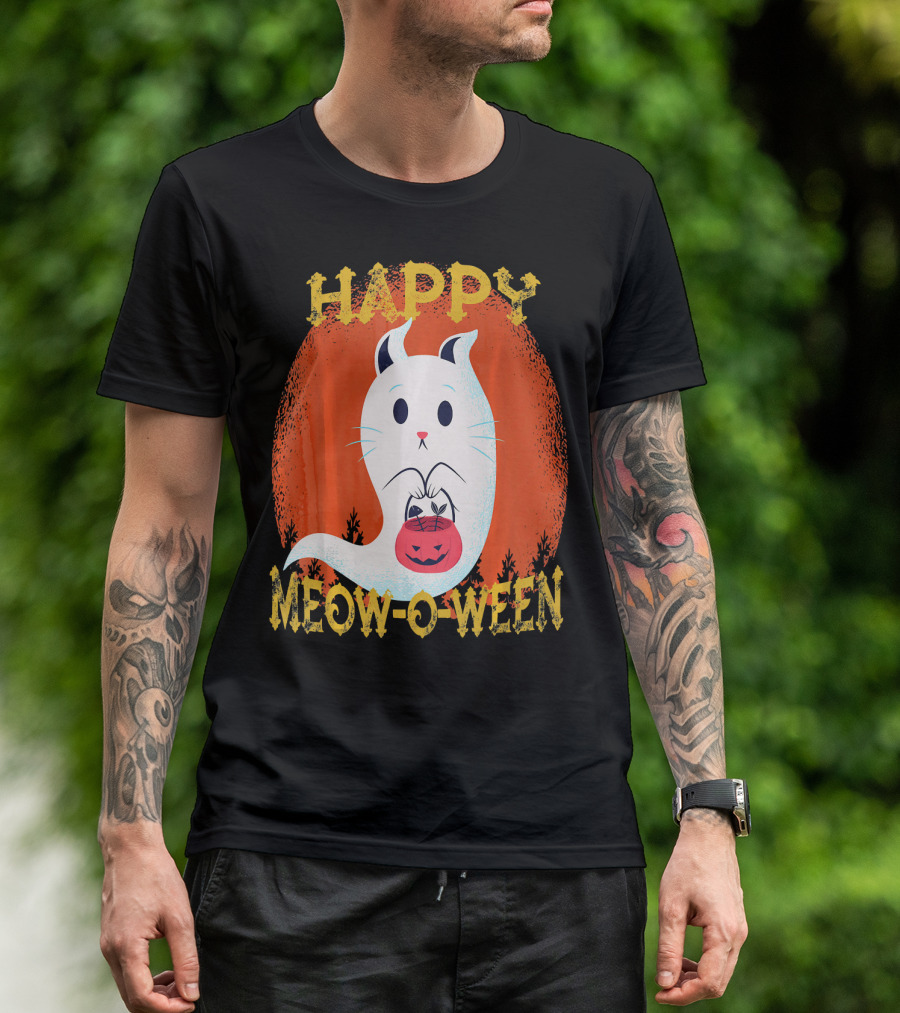 Happy Meow O Ween Cat Ghost With Pumpkin Bag T-Shirt
