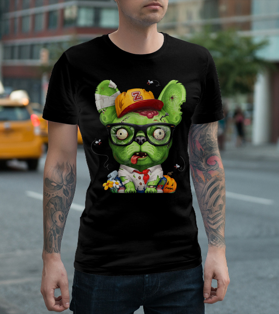 French Bulldog Wearing Zombie Glasses Halloween Hat T-Shirt