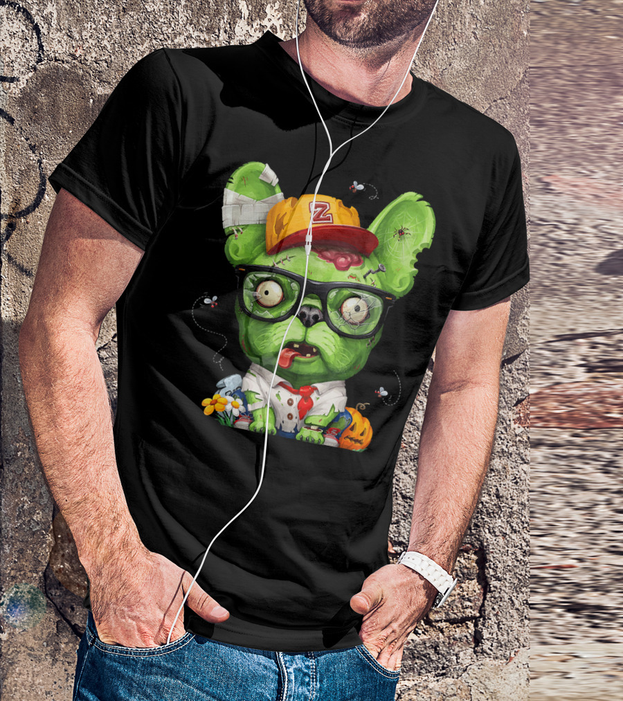 French Bulldog Wearing Zombie Glasses Halloween Hat T-Shirt
