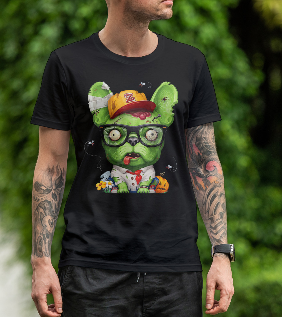 French Bulldog Wearing Zombie Glasses Halloween Hat T-Shirt