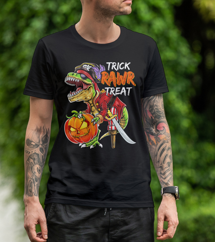 Trick Rawr Treat Pirate Dinosaur Halloween Pumpkin Jack T-Shirt