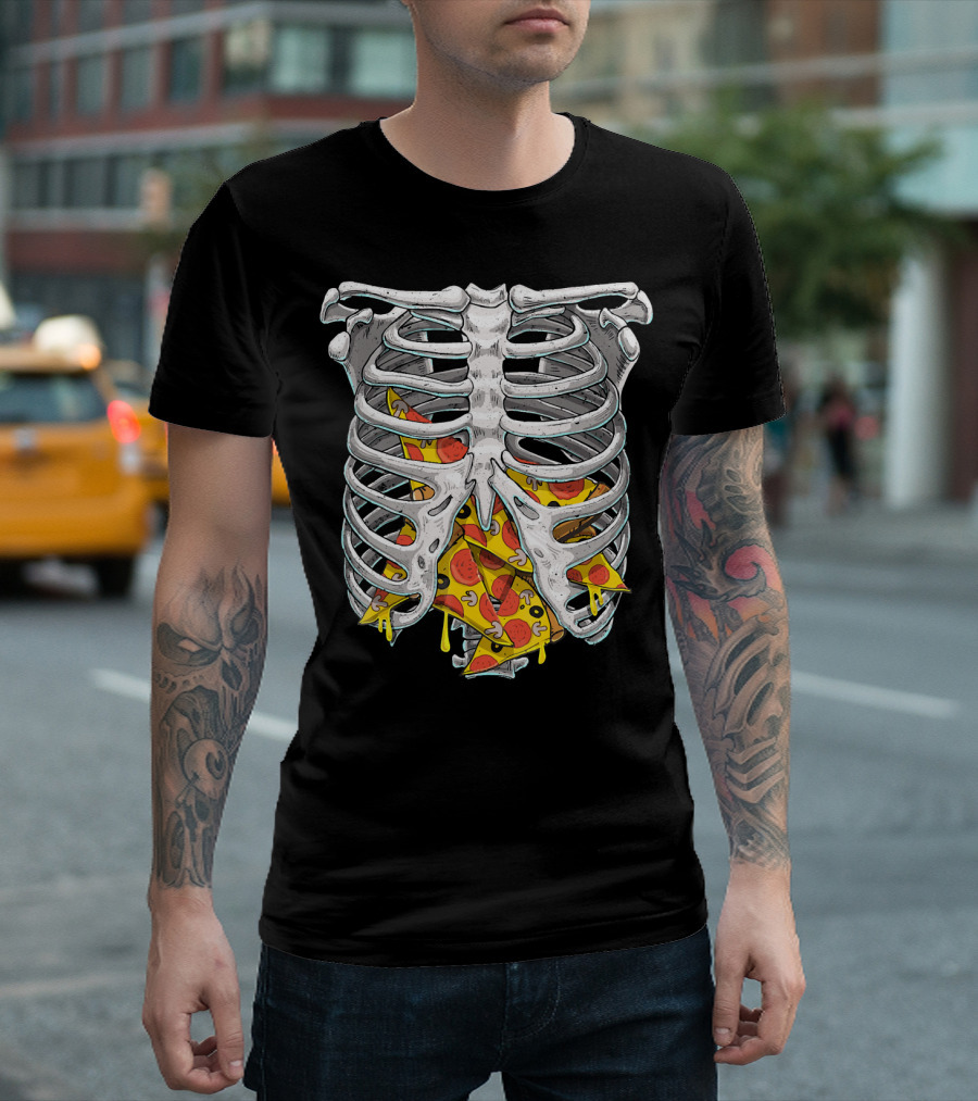 Skeleton Rib Cage Halloween Pizza Slices Inside T-Shirt