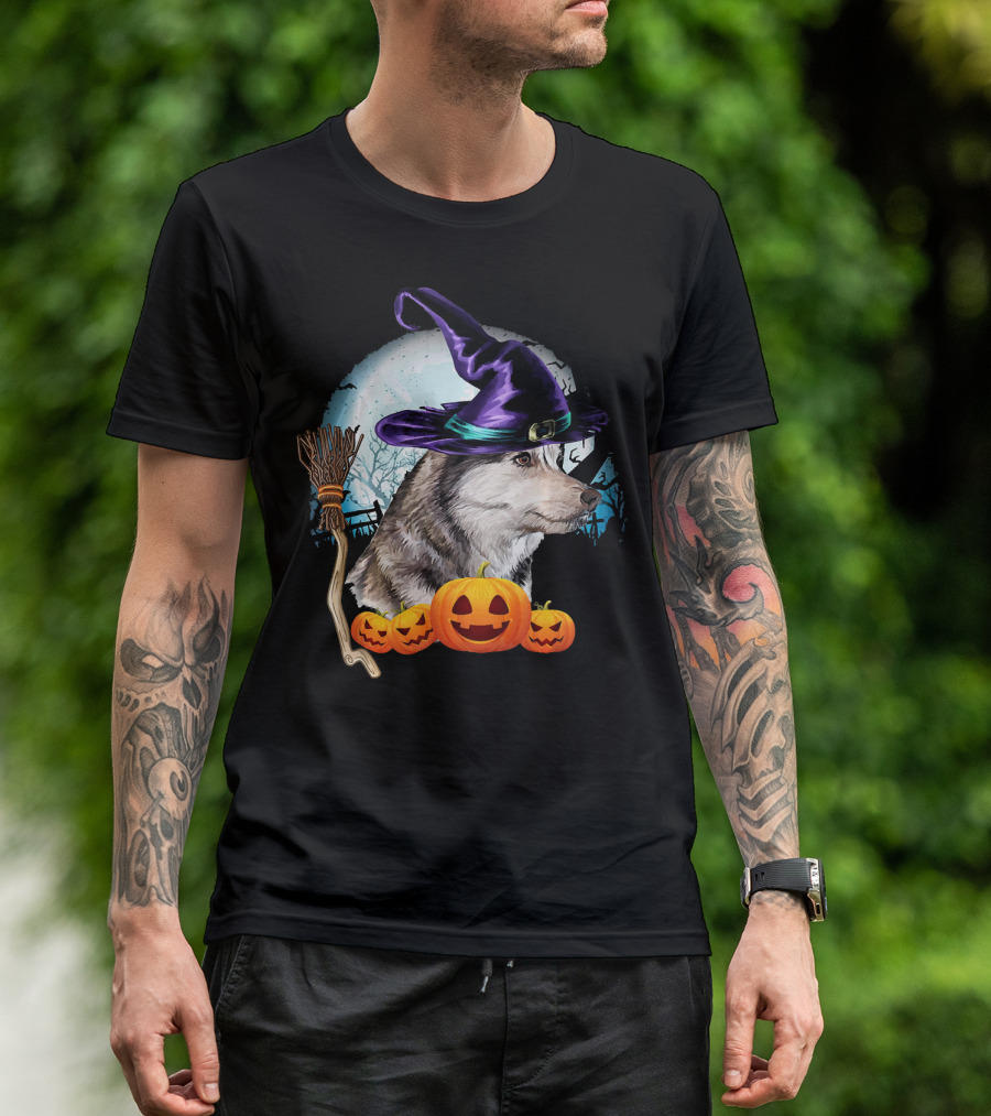 Husky In Witch Hat With Pumpkins And Broom Halloween Scene T-Shirt