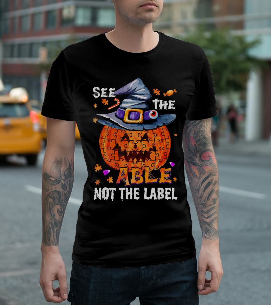 See the Able Not the Label Autism Awareness Halloween Pumpkin Puzzle Hat T-Shirt