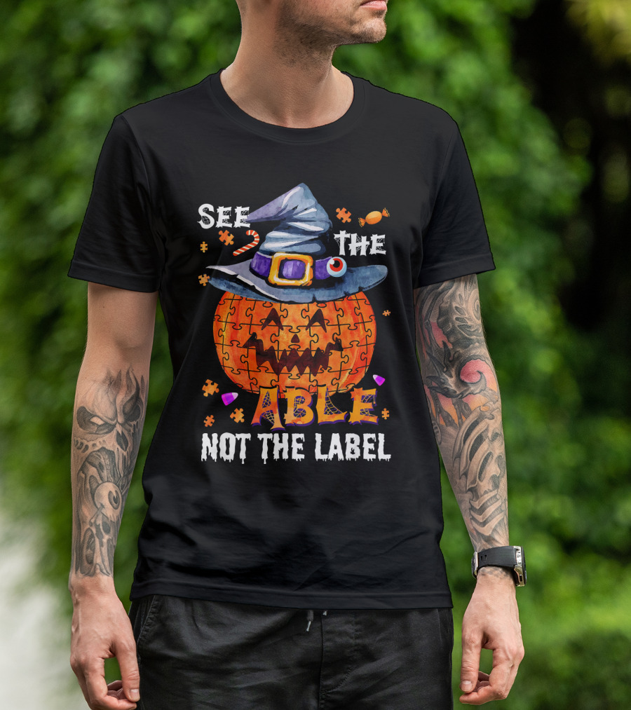 See The Able Not The Label Autism Awareness Halloween Pumpkin Puzzle Hat T-Shirt