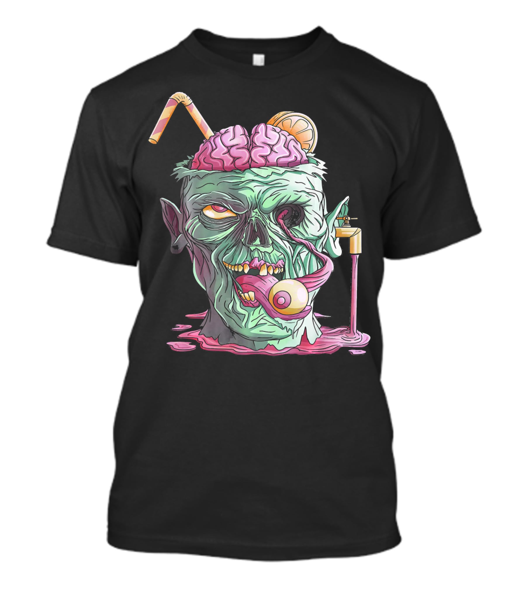 Zombie Face Brain Halloween Zombies Straw Brain Drink Eyeball Tongue T-Shirt