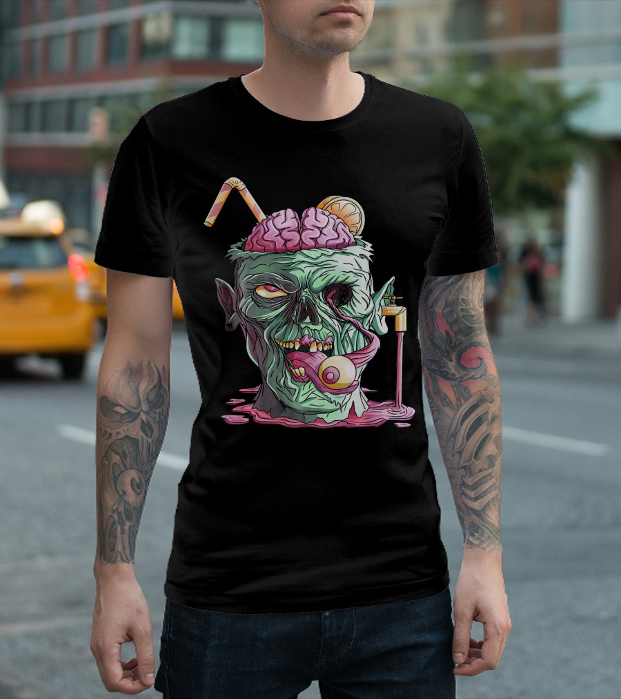 Zombie Face Brain Halloween Zombies Straw Brain Drink Eyeball Tongue T-Shirt
