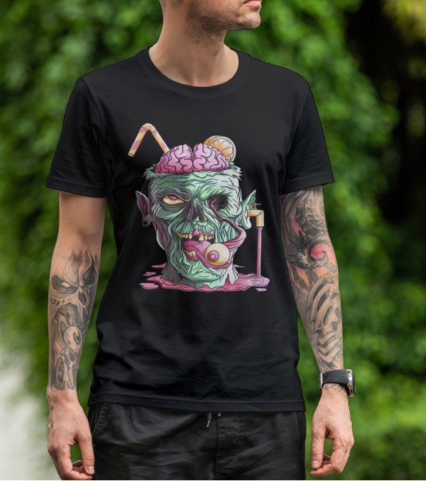 Zombie Face Brain Halloween Zombies Straw Brain Drink Eyeball Tongue T-Shirt