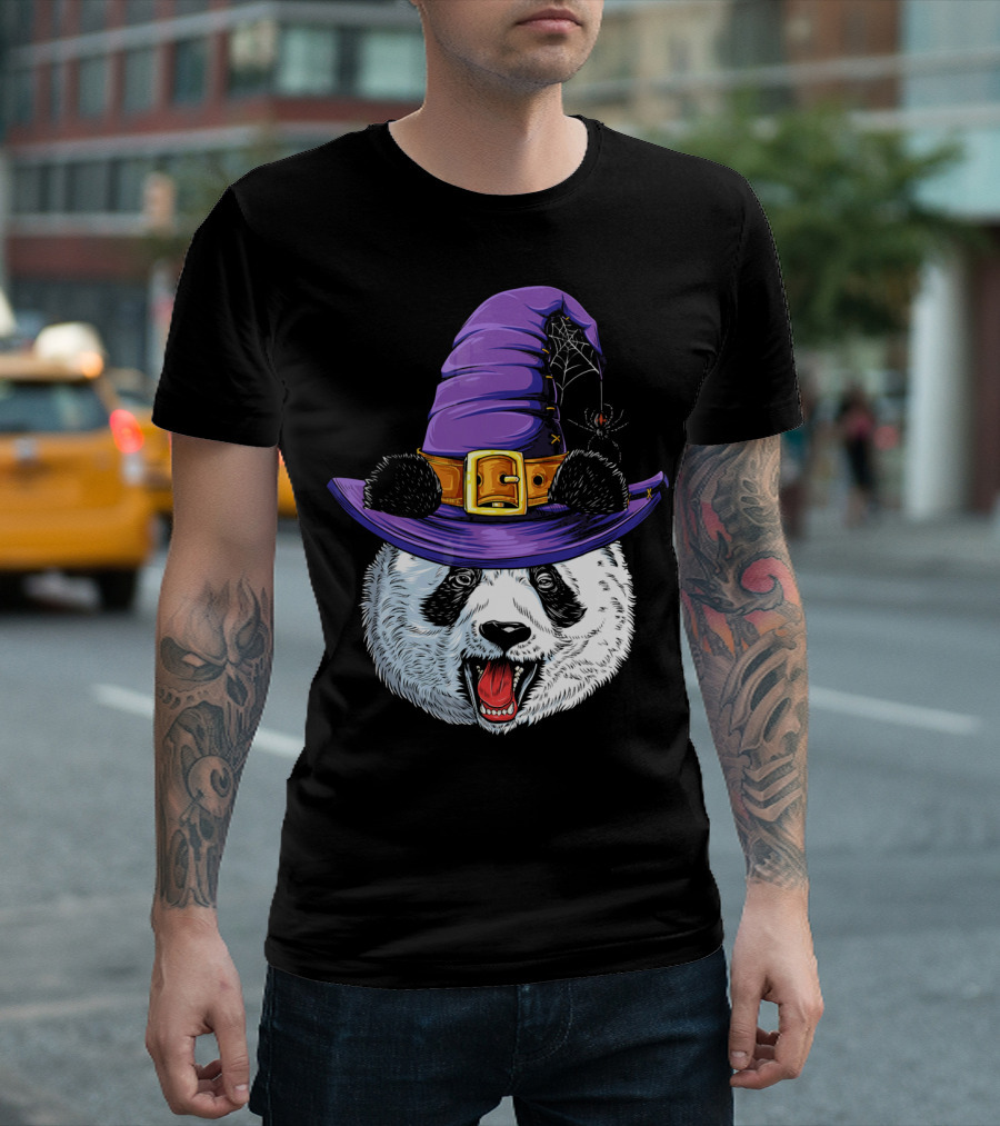Panda Wearing Witch Hat with Spider Halloween T-Shirt