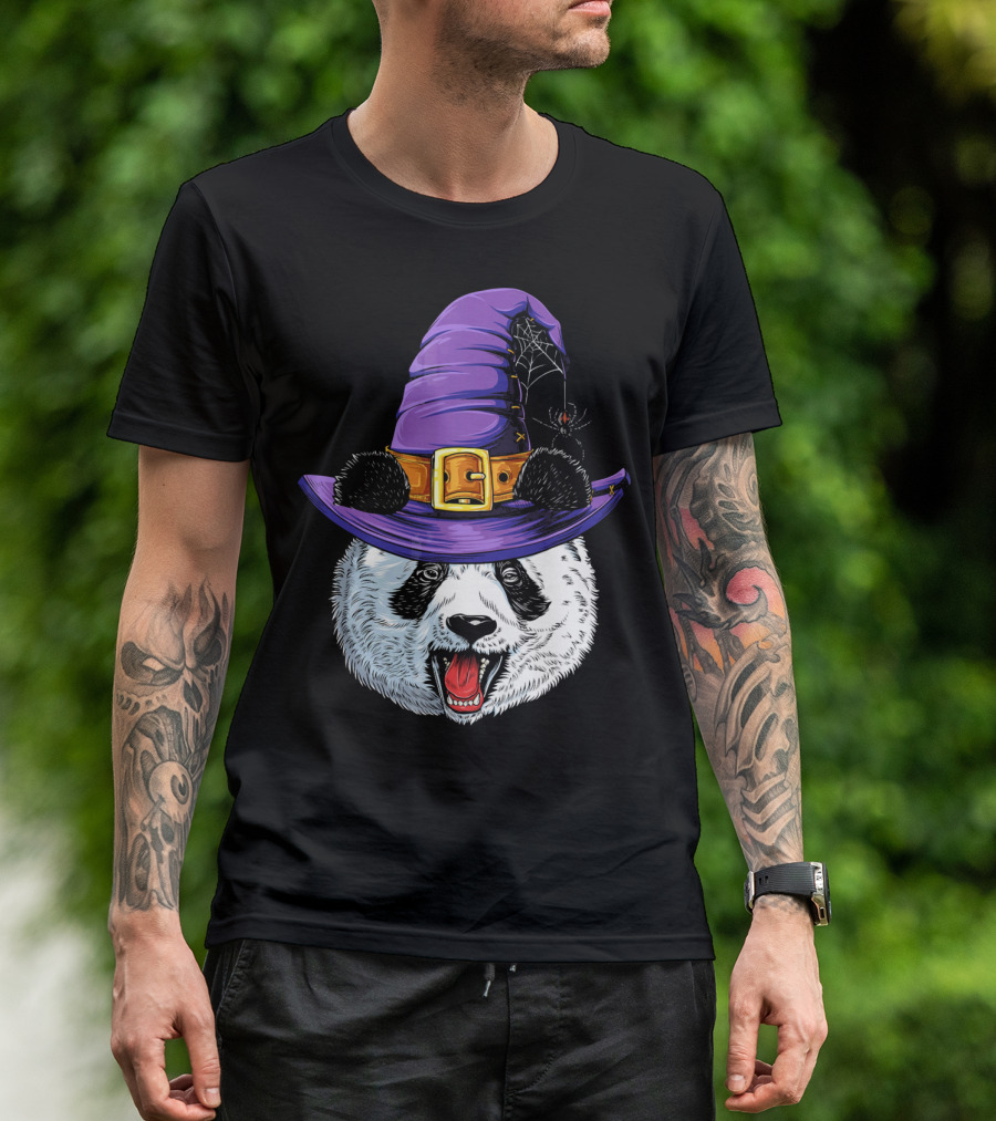 Panda Wearing Witch Hat With Spider Halloween T-Shirt