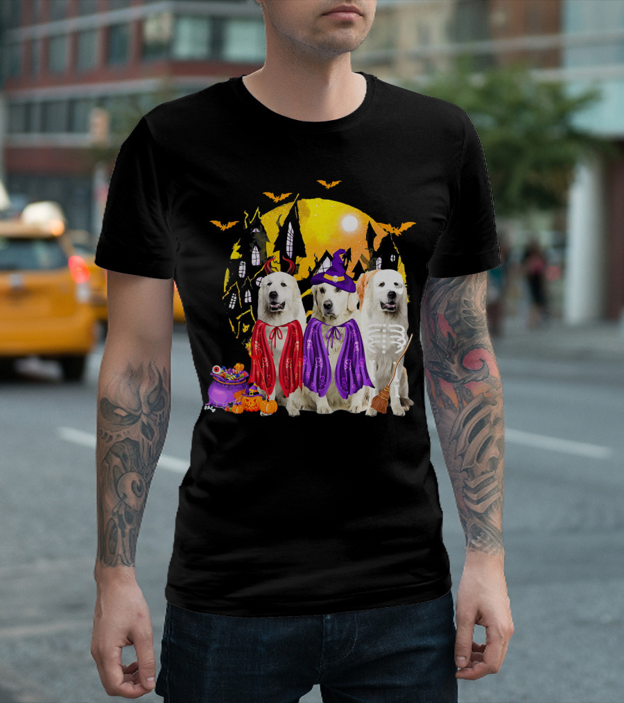 Great Pyrenees Dog Family Of Three Halloween Costumes Moonlit Night T-Shirt