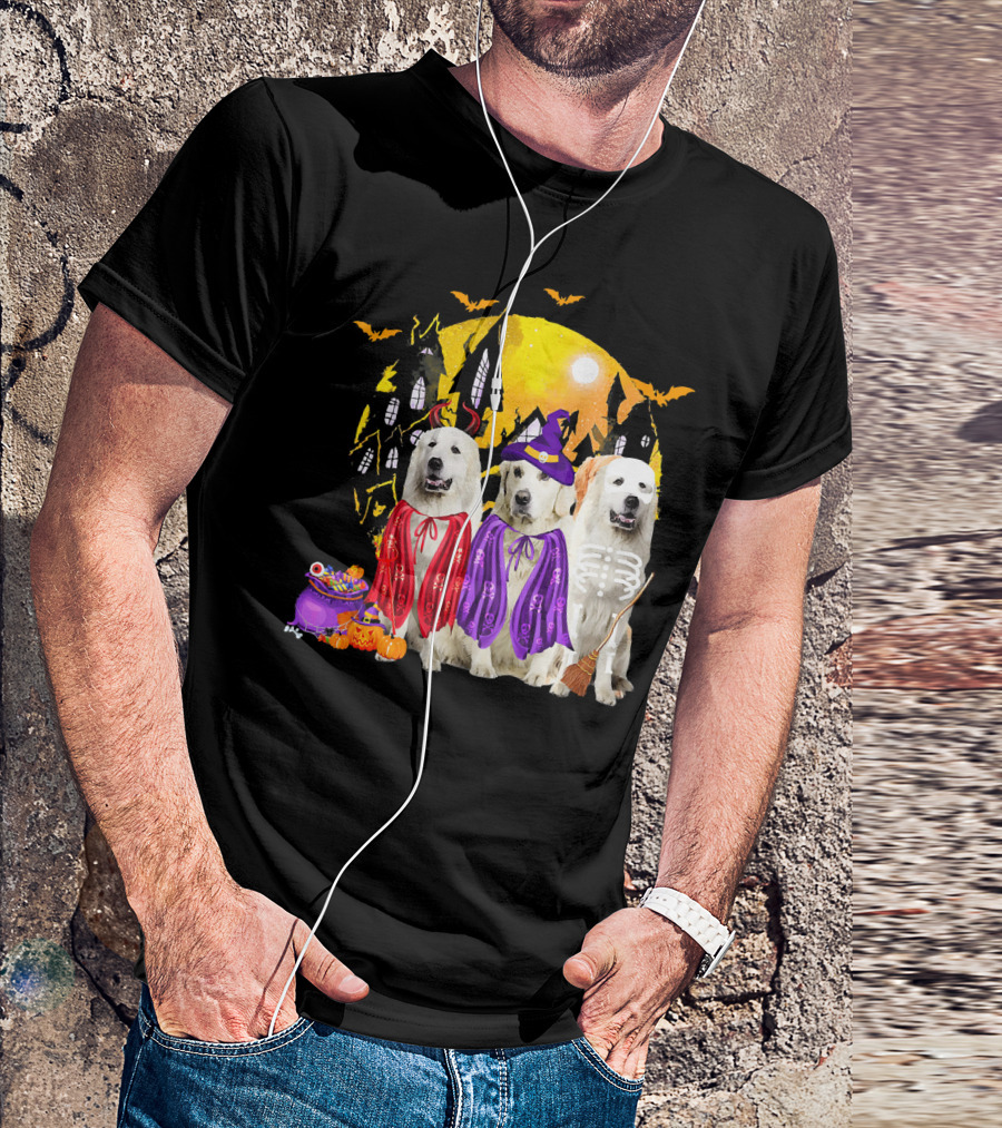 Great Pyrenees Dog Family Of Three Halloween Costumes Moonlit Night T-Shirt