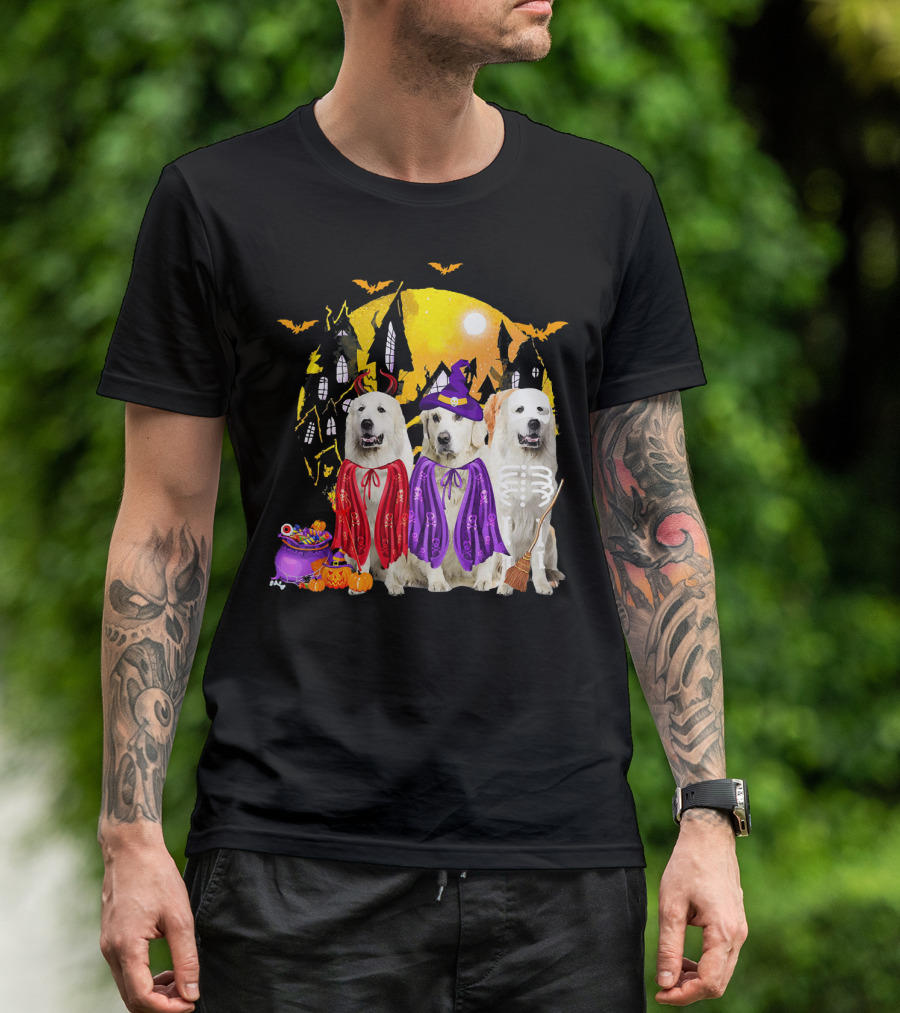 Great Pyrenees Dog Family Of Three Halloween Costumes Moonlit Night T-Shirt
