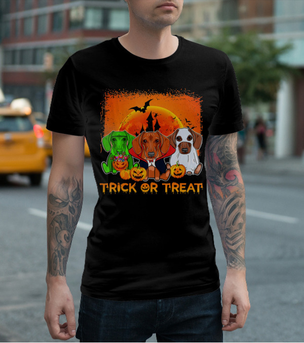 Halloween Dachshund Trio Trick Or Treat With Pumpkins And Moon Background T-Shirt