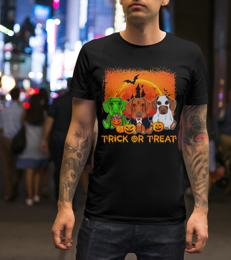 Halloween Dachshund Trio Trick Or Treat With Pumpkins And Moon Background T-Shirt