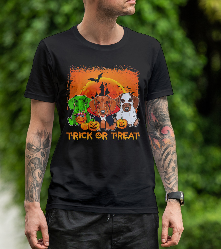 Halloween Dachshund Trio Trick Or Treat With Pumpkins And Moon Background T-Shirt