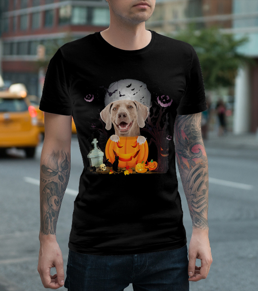 Weimaraner Dog in Halloween Pumpkin with Bats and Black Cat T-Shirt