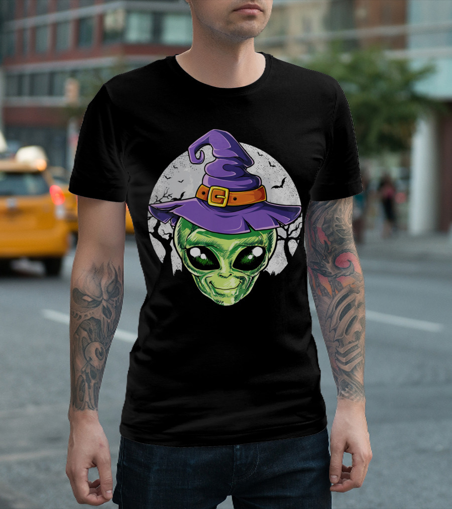 Alien Witch Hat with Moon and Bats T-Shirt