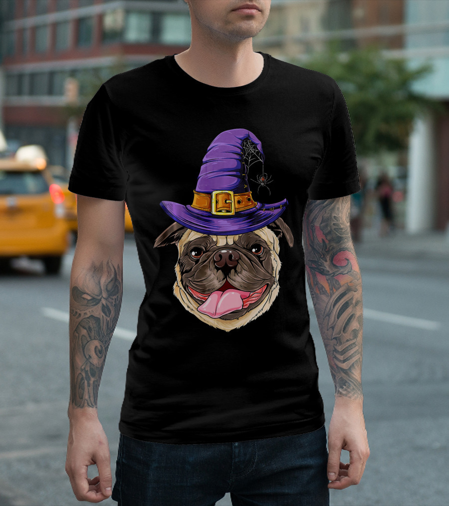 Pug with Witch Hat and Spider Halloween T-Shirt