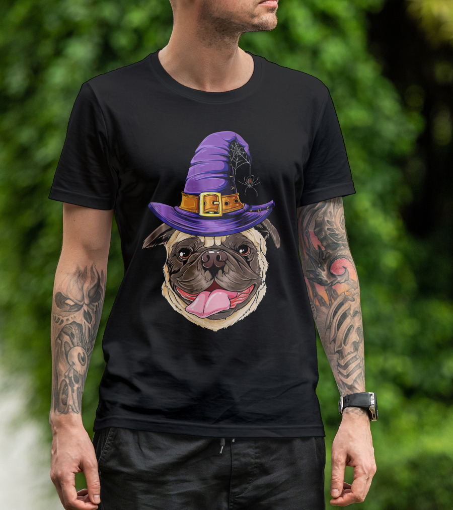 Pug With Witch Hat And Spider Halloween T-Shirt