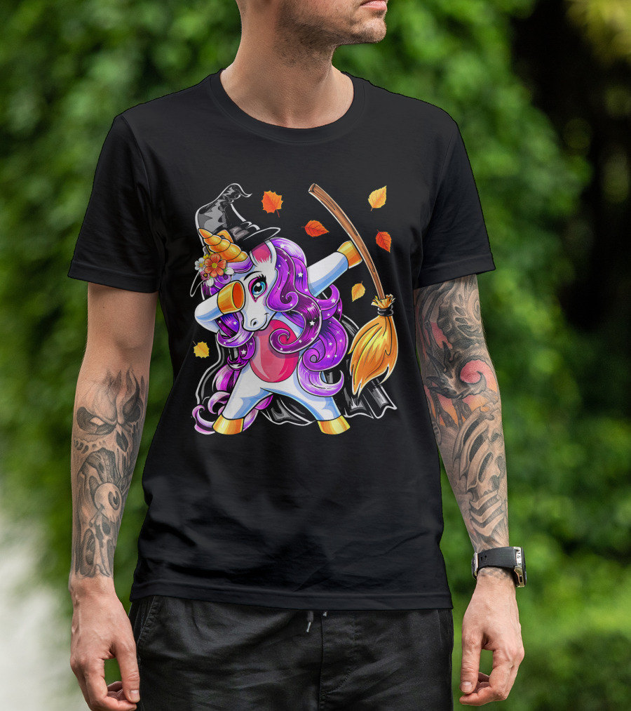 Dabbing Unicorn Halloween Witch With Magical Broom And Autumn Leaves T-Shirt