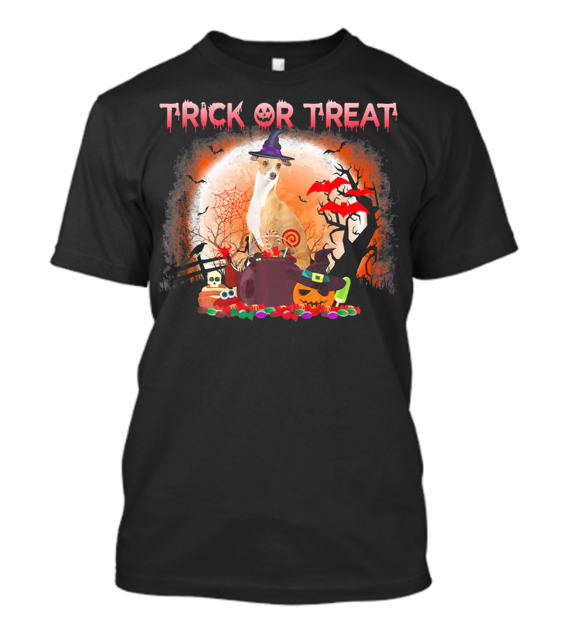 Trick Or Treat Italian Greyhound Halloween Magic Moonlit Scene T-Shirt