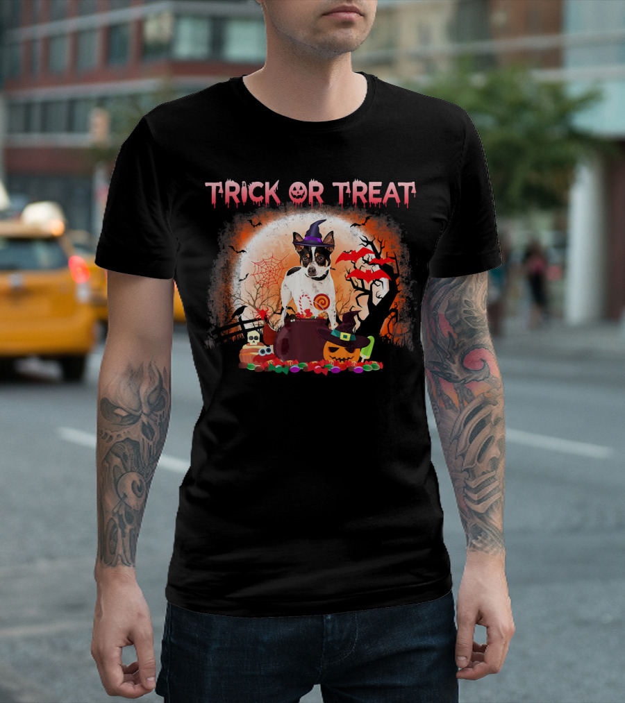 Trick or Treat Rat Terrier Halloween with Witch Hat, Bats, and Pumpkins T-Shirt