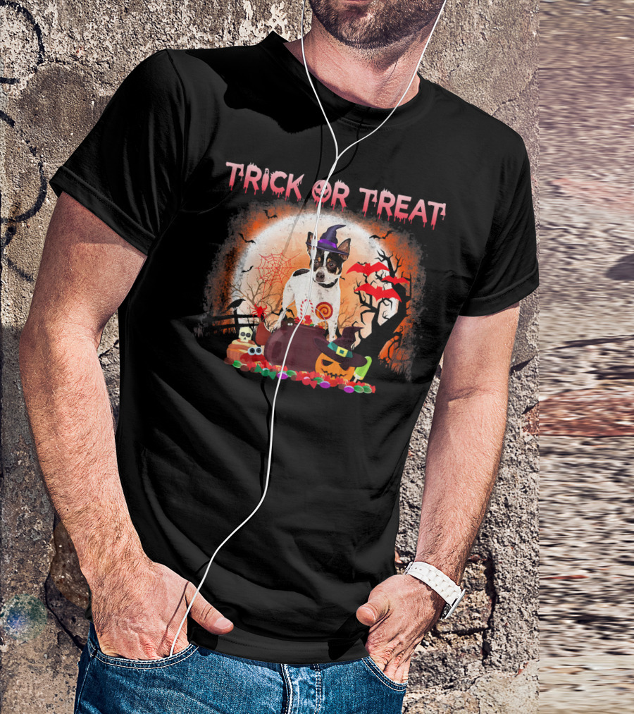 Trick Or Treat Rat Terrier Halloween With Witch Hat, Bats, And Pumpkins T-Shirt