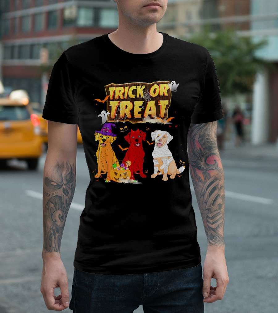 Trick or Treat Three Labrador Retrievers Halloween Pumpkin Candy Ghosts T-Shirt