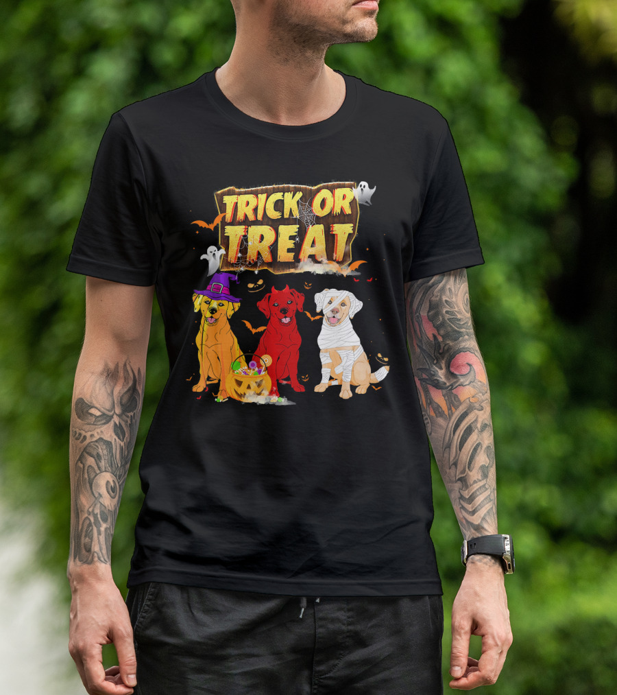 Trick Or Treat Three Labrador Retrievers Halloween Pumpkin Candy Ghosts T-Shirt