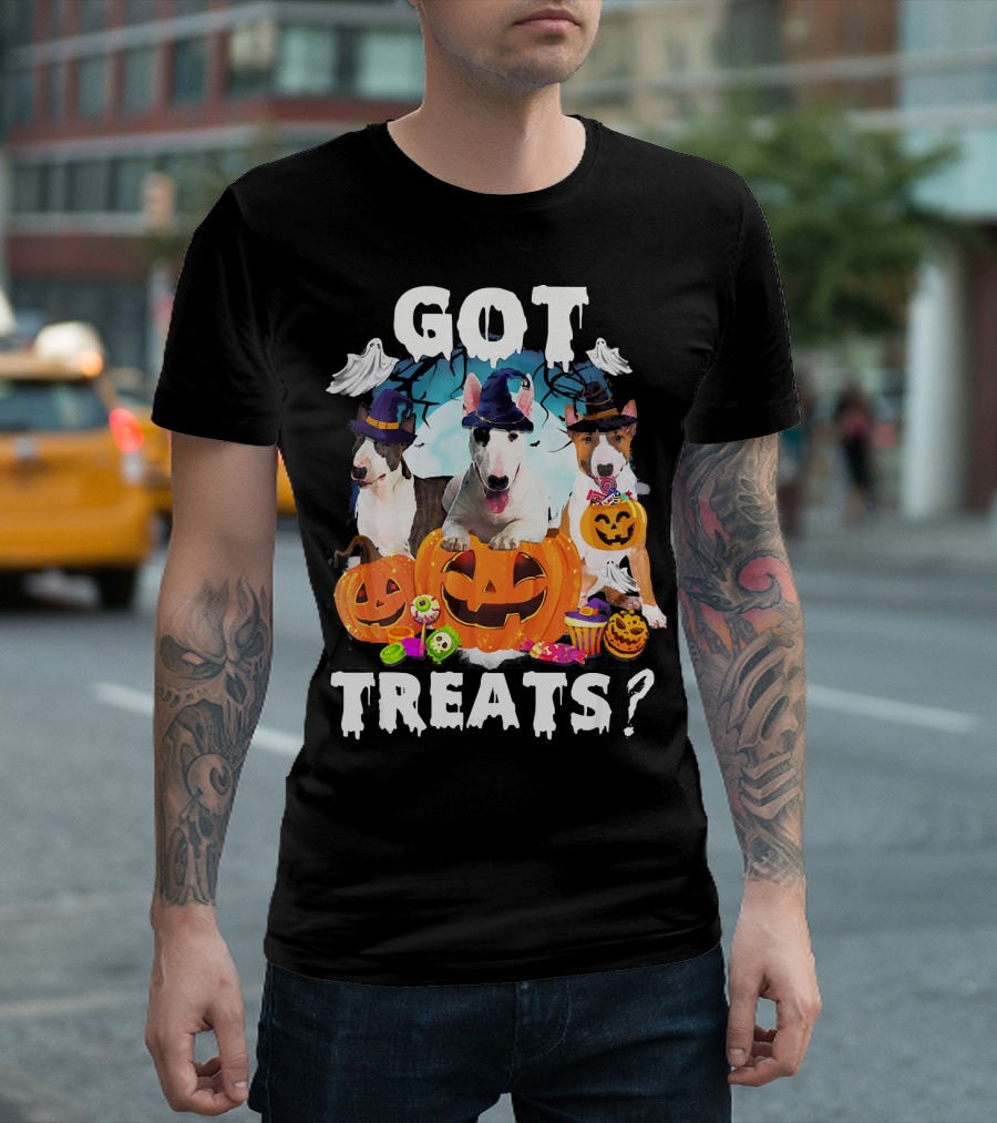 Got Treats Bull Terrier Halloween Ghosts Pumpkins T-Shirt