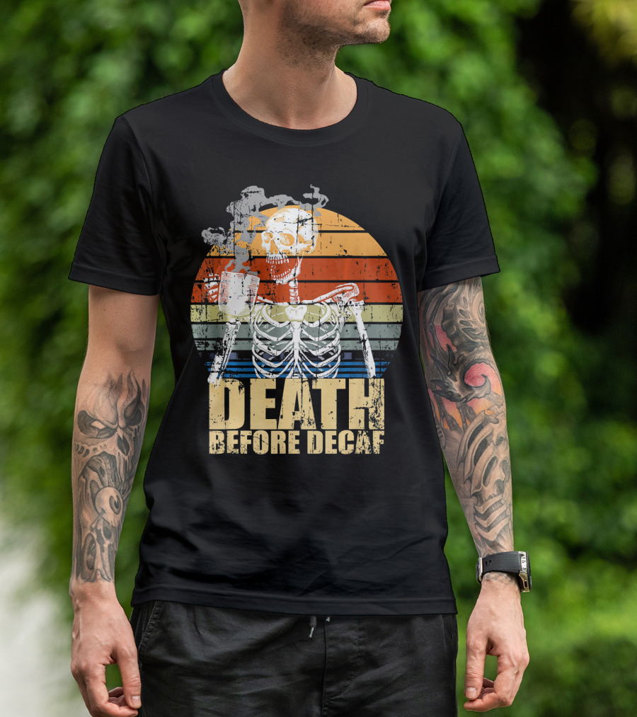 Vintage Death Before Decaf Coffee Skeleton Retro Sunset T-Shirt
