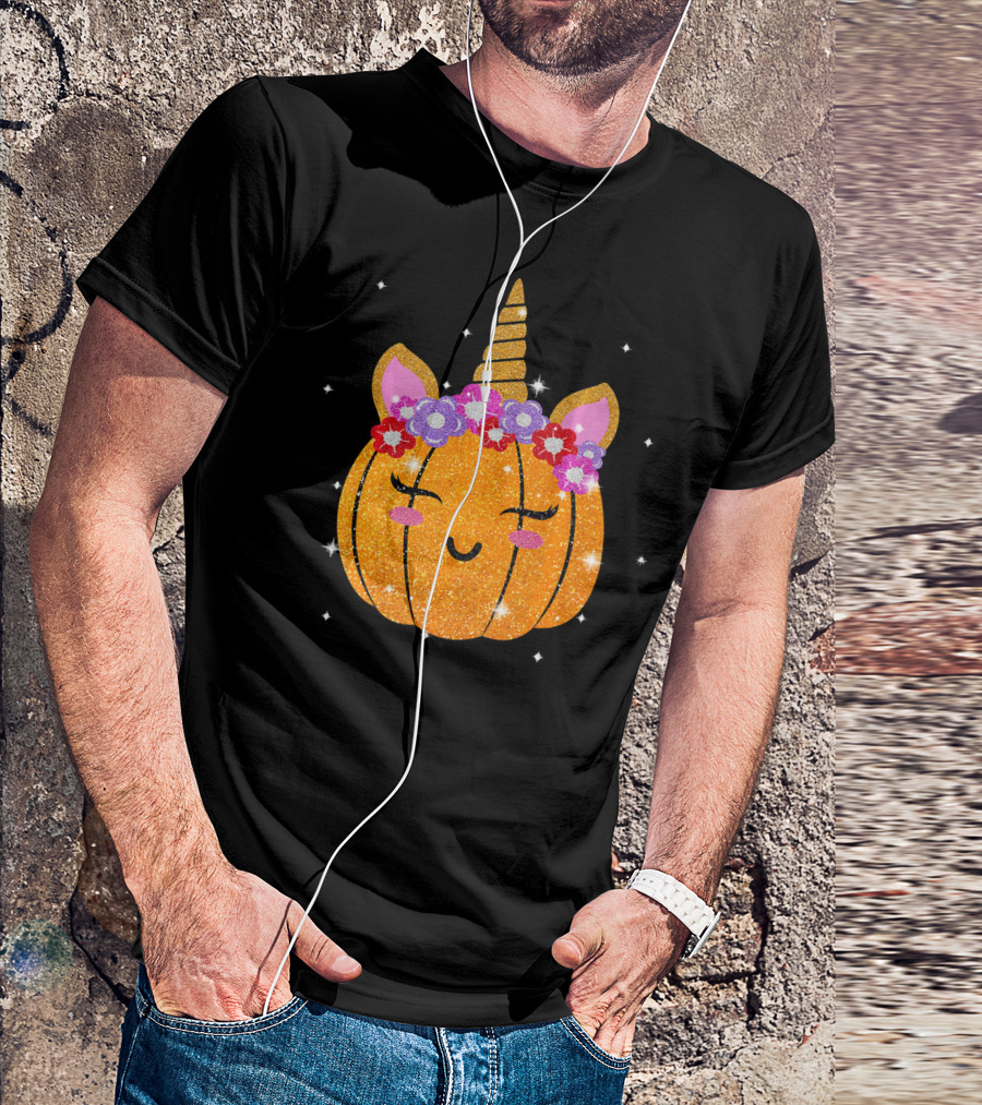 Cute Unicorn Pumpkin Glitter Funny Halloween Sparkles T-Shirt