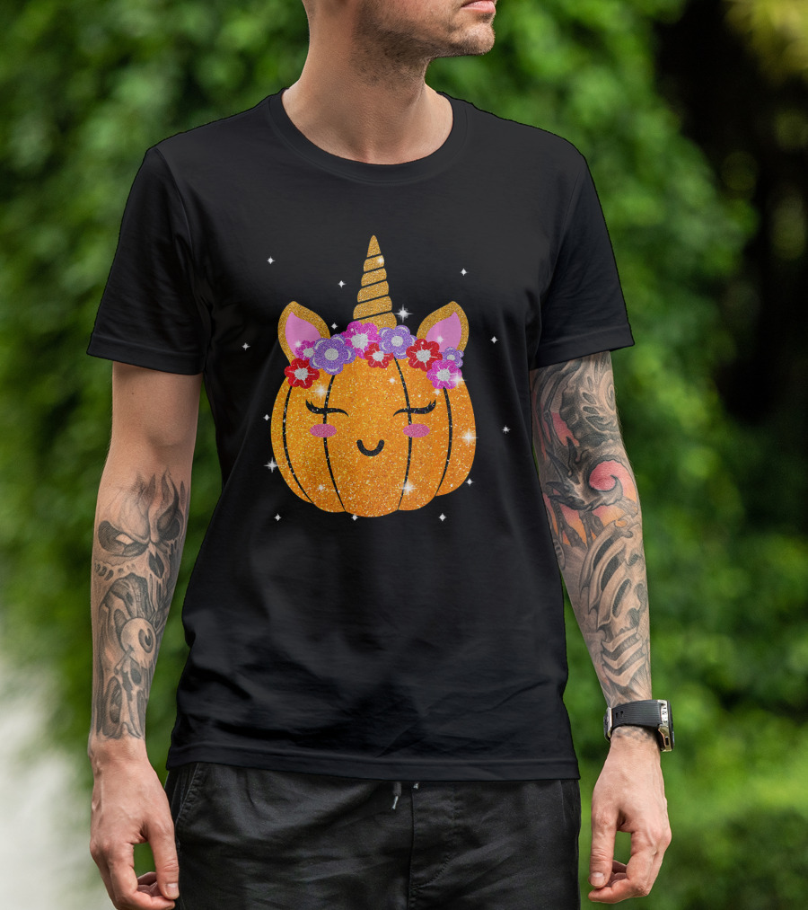 Cute Unicorn Pumpkin Glitter Funny Halloween Sparkles T-Shirt