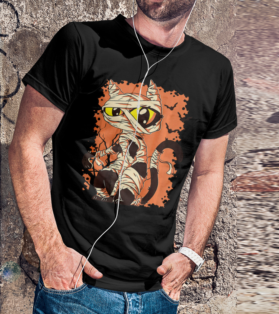 Mummy Cat With Yellow Eyes And Halloween Bats T-Shirt