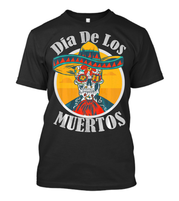 Dia De Los Muertos Skull With Sombrero And Floral Decoration T-Shirt