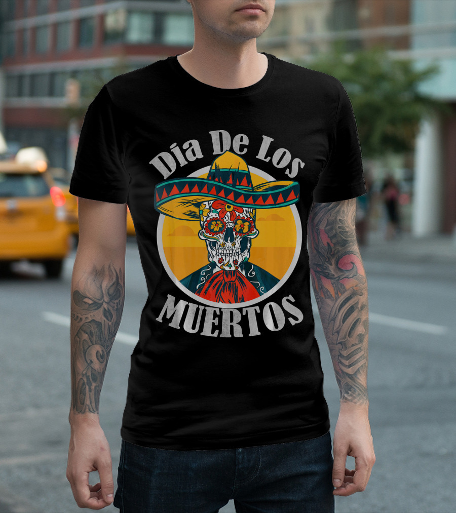 Dia De Los Muertos Skull With Sombrero And Floral Decoration T-Shirt