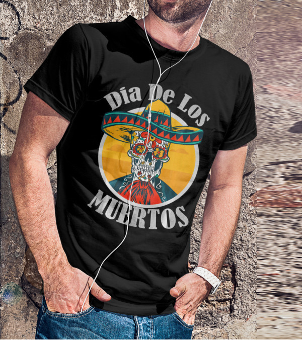 Dia De Los Muertos Skull With Sombrero And Floral Decoration T-Shirt
