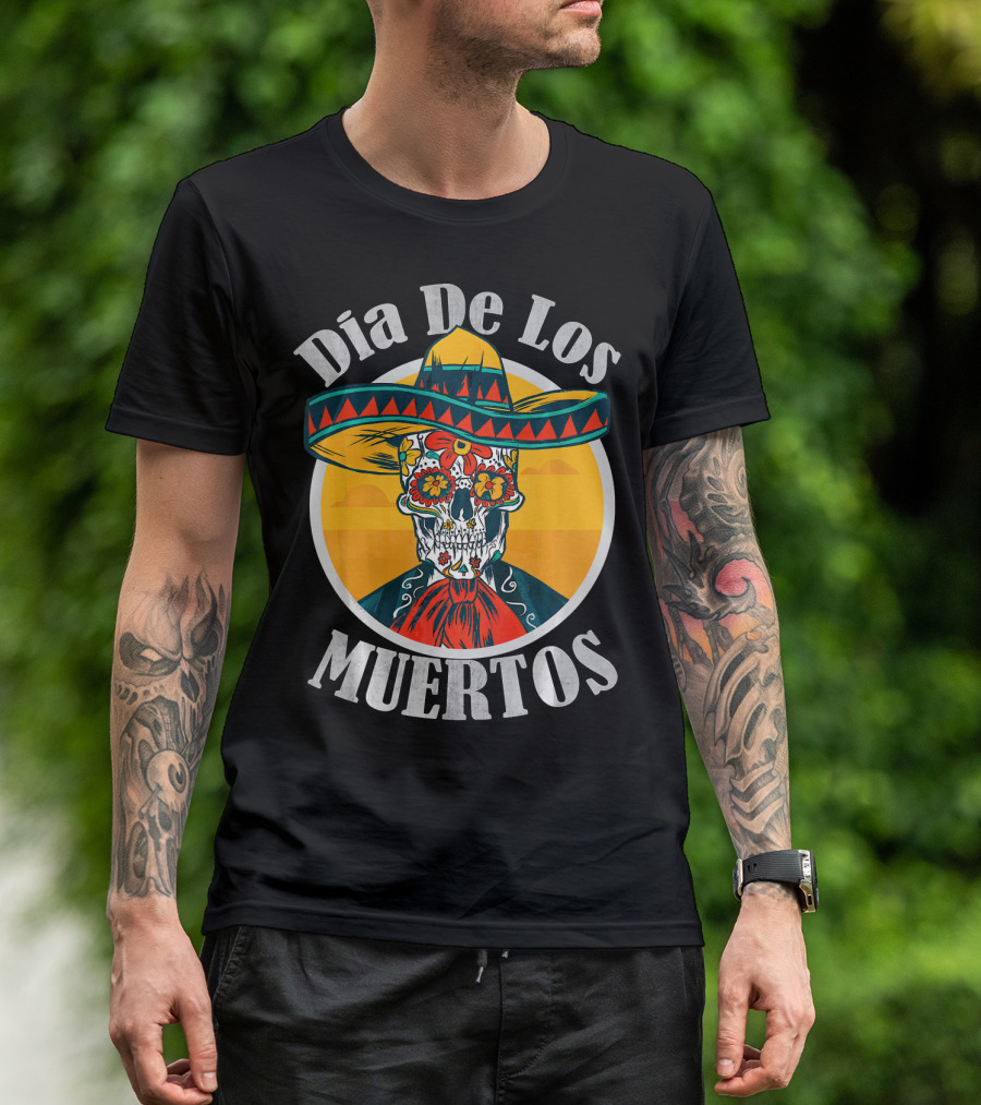 Dia De Los Muertos Skull With Sombrero And Floral Decoration T-Shirt